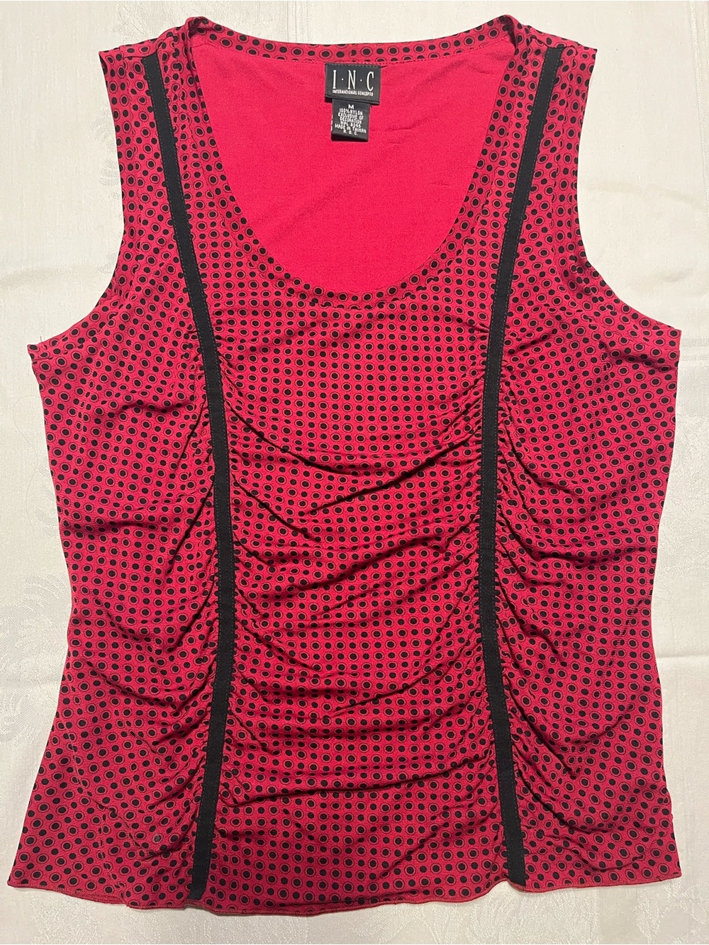 INC International Concepts Rich Red Polka Dot Ruched Tank with Black Trim